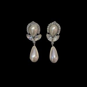 Vintage Faux Pearl Drop Multi-Diamond Pierced Earrings by Crystal Accents